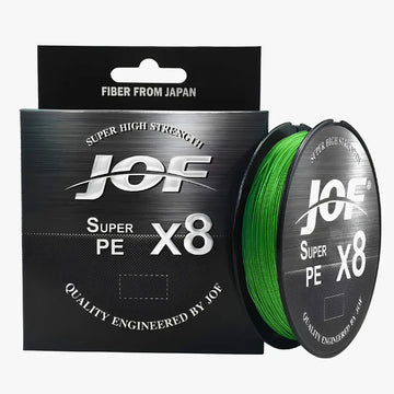 O Carretel da Linha Multifilamento JOF Pure na cor verde em foco, com sua caixa ao lado