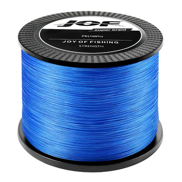 O Carretel da Linha Multifilamento Jof Super Braid na cor azul em foco, com o fundo branco