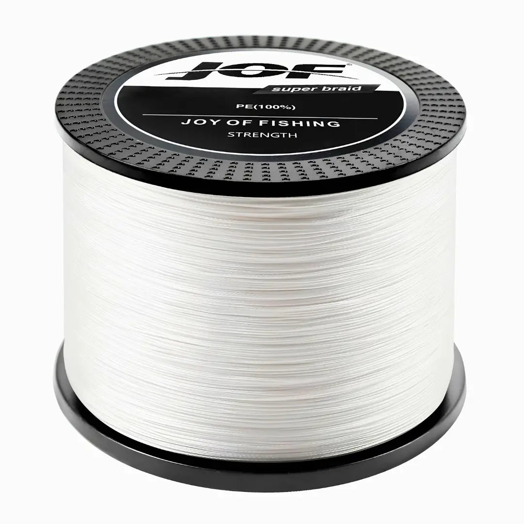 O Carretel da Linha Multifilamento Jof Super Braid na cor branca em foco, com o fundo branco