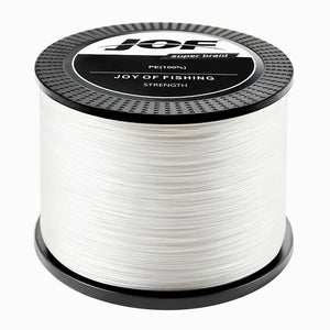 O Carretel da Linha Multifilamento Jof Super Braid na cor branca em foco, com o fundo branco