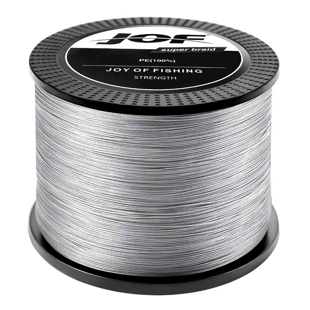 O Carretel da Linha Multifilamento Jof Super Braid na cor cinza em foco, com o fundo branco