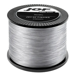 O Carretel da Linha Multifilamento Jof Super Braid na cor cinza em foco, com o fundo branco