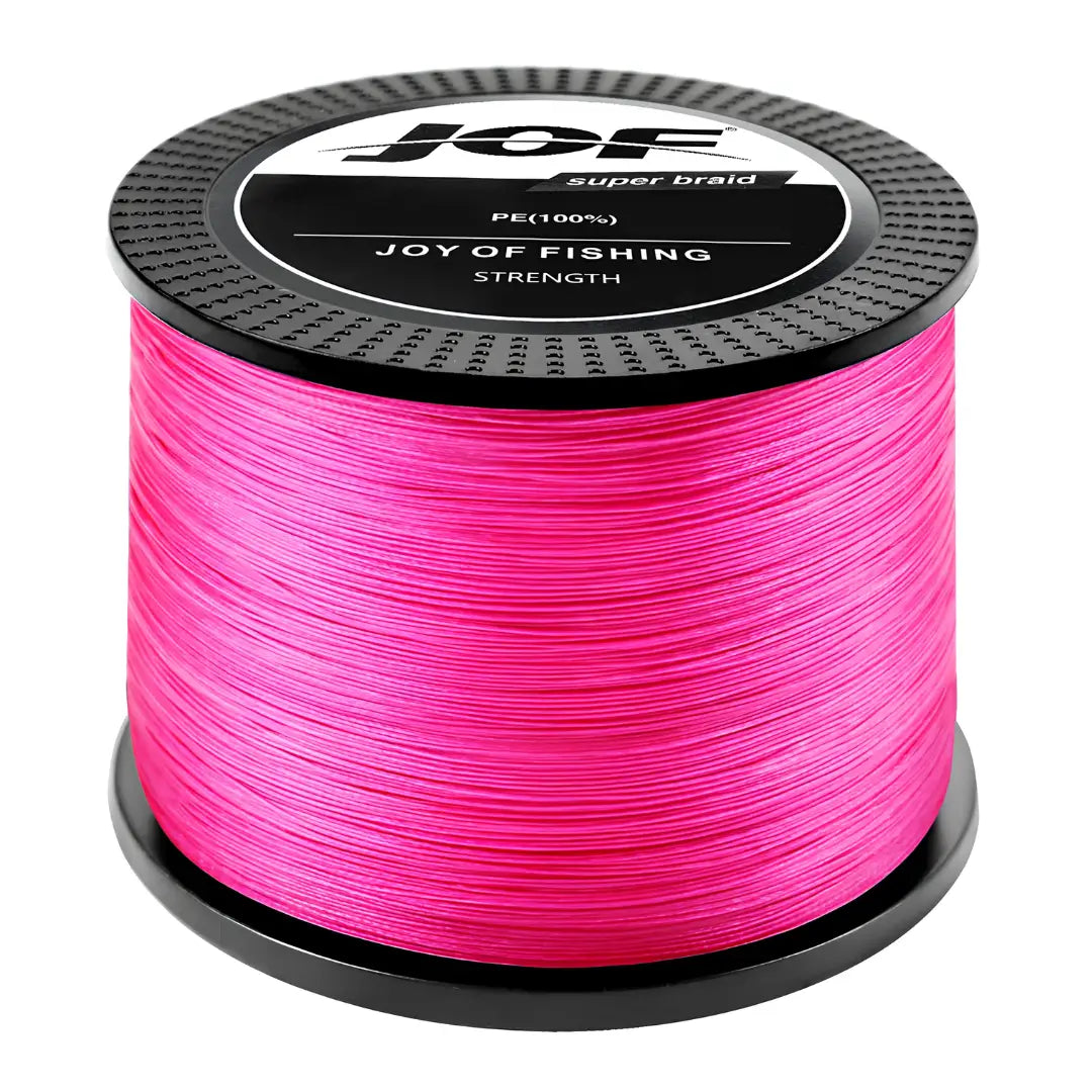 O Carretel da Linha Multifilamento Jof Super Braid na cor rosa em foco, com o fundo branco