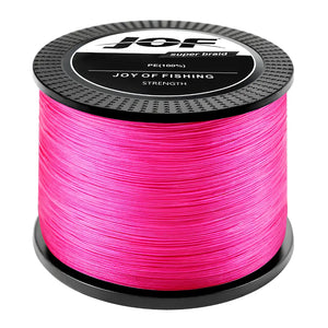 O Carretel da Linha Multifilamento Jof Super Braid na cor rosa em foco, com o fundo branco