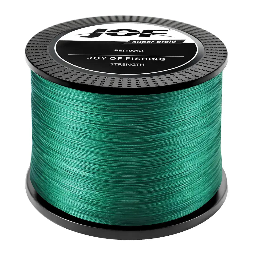 O Carretel da Linha Multifilamento Jof Super Braid na cor verde em foco, com o fundo branco