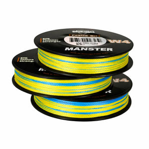 Três carretéis da Linha Multifilamento Manster W4, um em cima do outro
