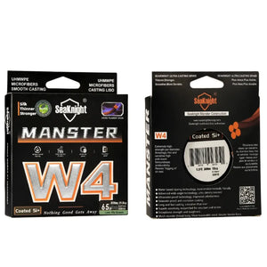 A caixa da Linha Multifilamento Manster W4 sendo mostrada de frente e de costas