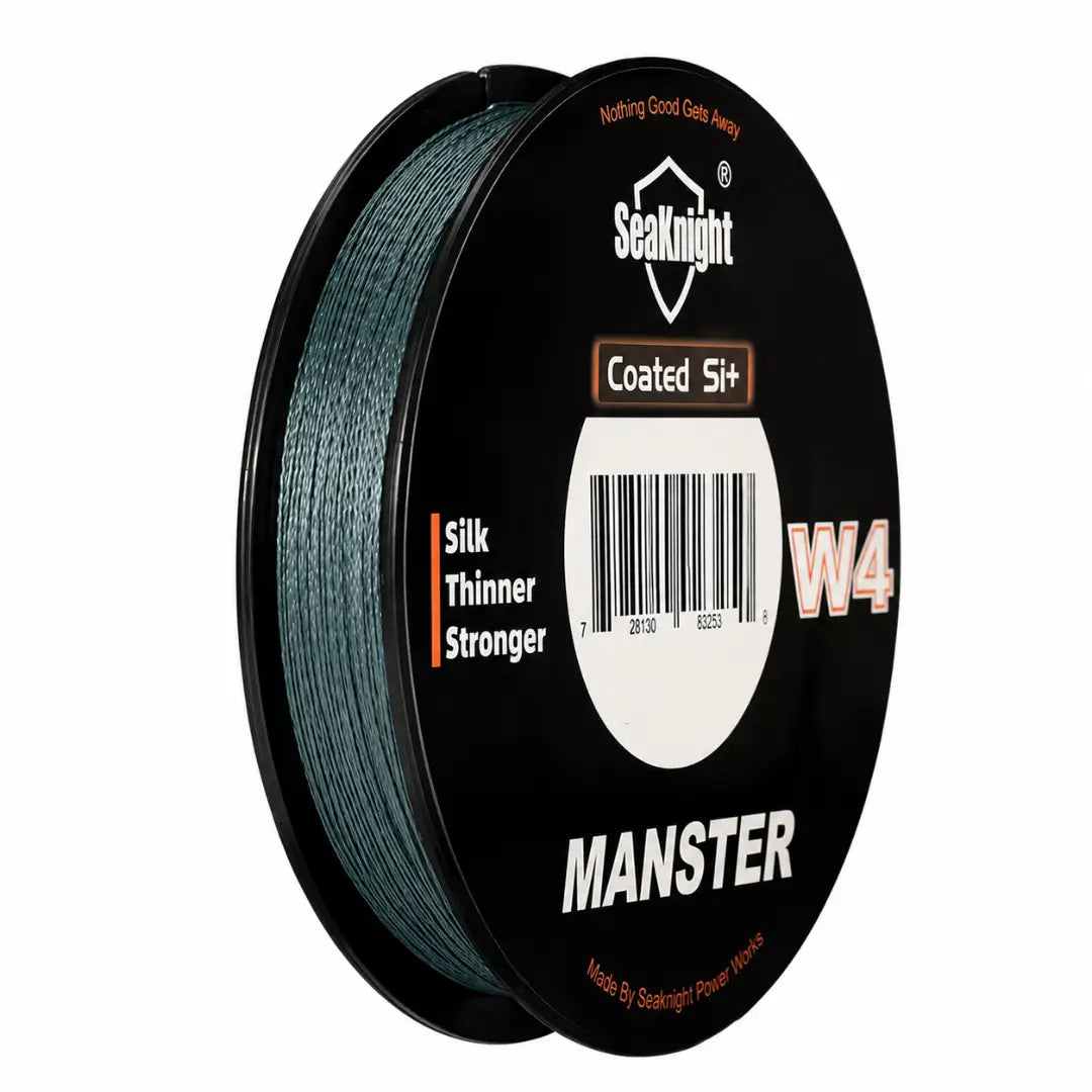 Carretel da Linha Multifilamento Manster W4 na cor cinza visto em foco, com o fundo branco