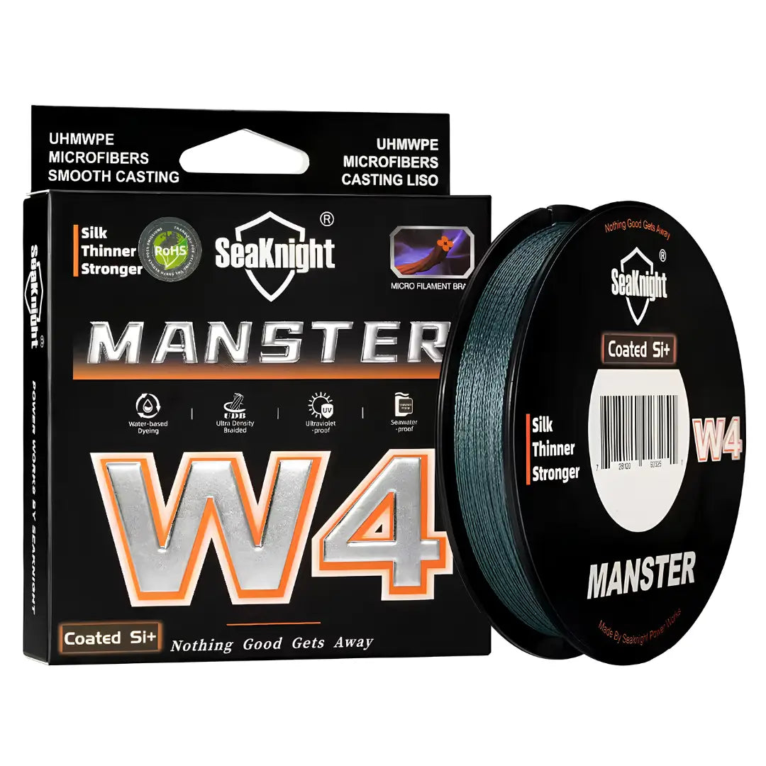À esquerda a caixa da Linha Multifilamento Manster W4, e à direita o seu carretel com a linha na cor cinza, com o fundo branco