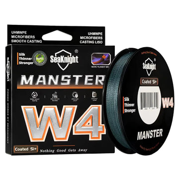 À esquerda a caixa da Linha Multifilamento Manster W4, e à direita o seu carretel com a linha na cor cinza, com o fundo branco