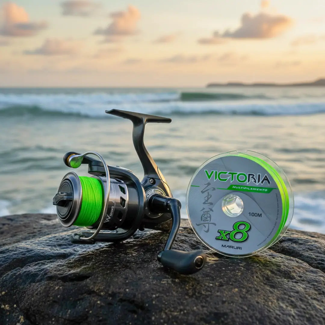 Linha Multifilamento Maruri Victoria 8 Verde e um molinete de pesca com linha verde, ambos em cima de uma pedra na costeira