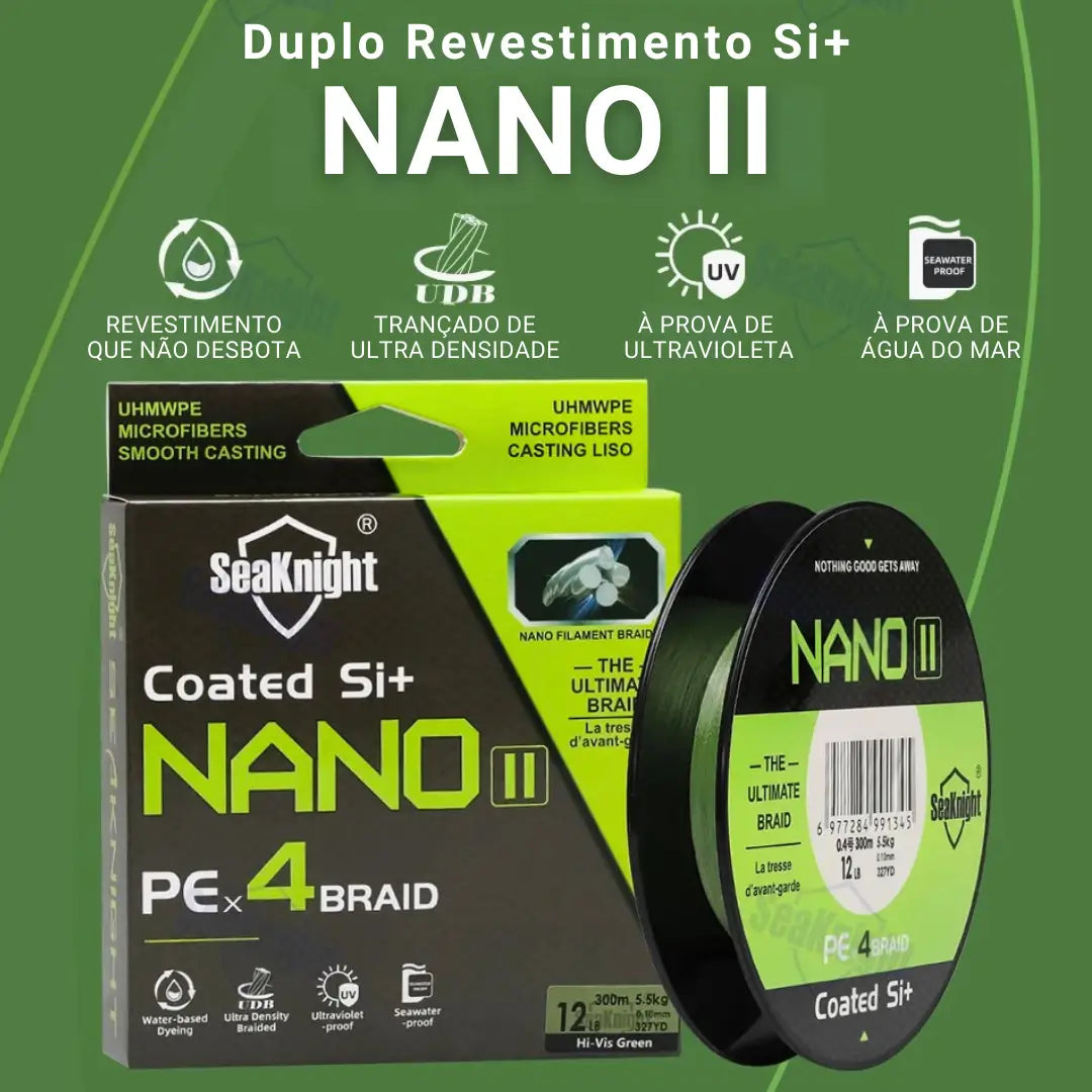 A caixa da Linha Multifilamento Nano II 4x do lado esquerdo, e do lado direito seu carretel, e informações escritas em acima
