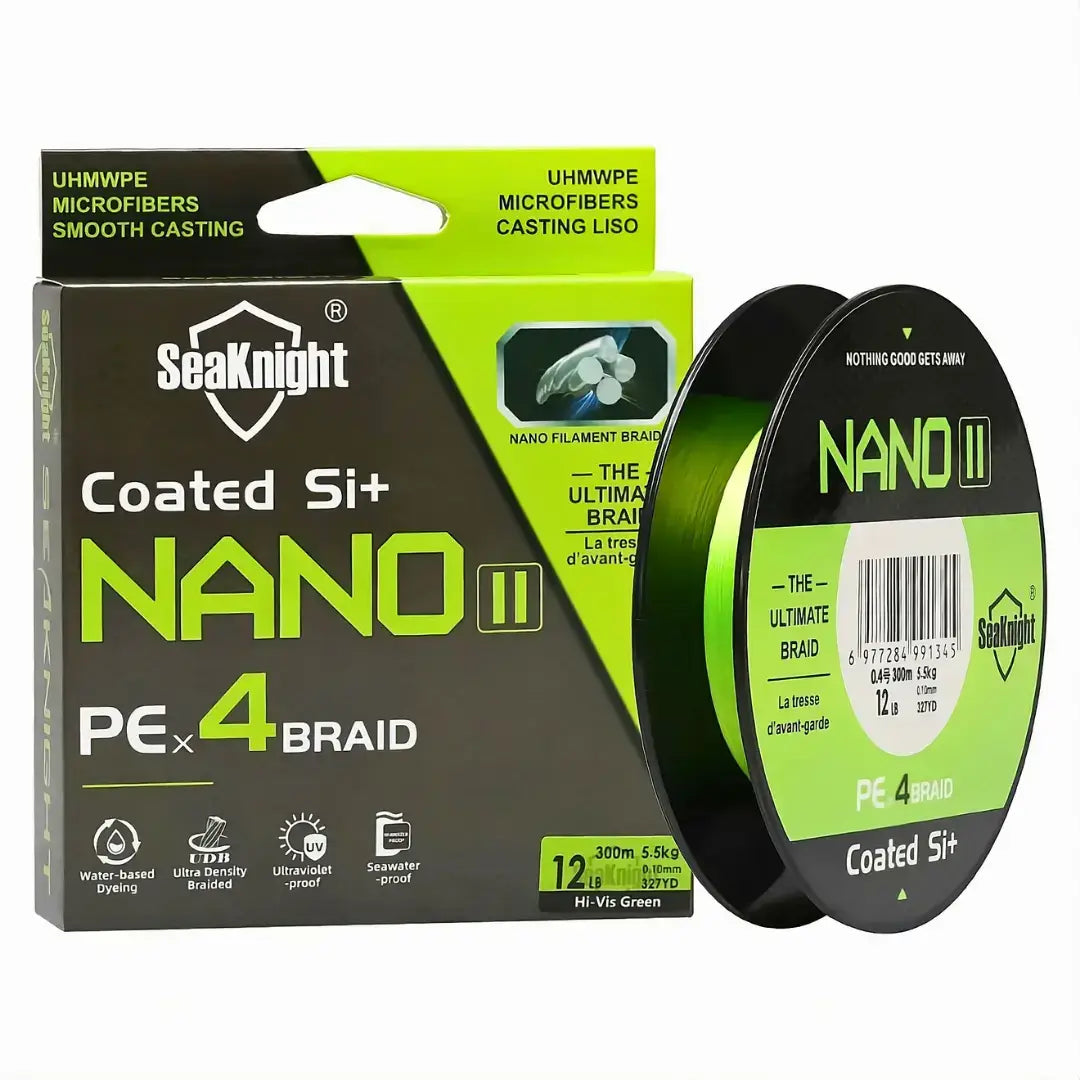 Linha Multifilamento Nano II 4x Verde Limão, do lado esquerdo sua caixa e do lado direito o carretel visto de lado