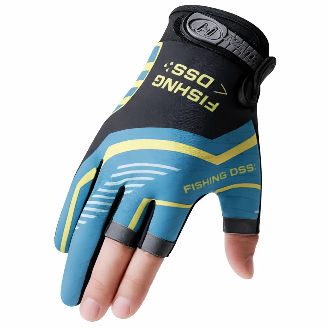 Uma mão vestindo a Luva de Pesca Zanter Axis na cor azul