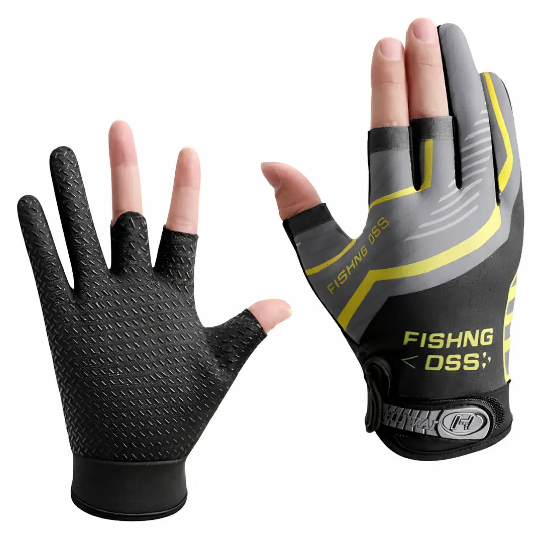 Duas mãos usando a Luva de Pesca Zanter Axis na cor cinza, uma mão está mostrando a parte de cima da luva, enquanto a outra apresenta a parte da palma da luva