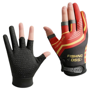 Duas mãos usando a Luva de Pesca Zanter Axis na cor vermelha, uma mão está mostrando a parte de cima da luva, enquanto a outra mostra a parte da palma da luva