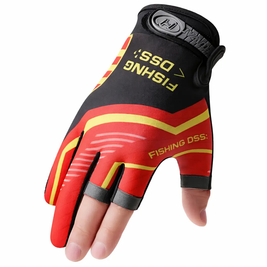 Uma mão vestindo a Luva de Pesca Zanter Axis na cor vermelha