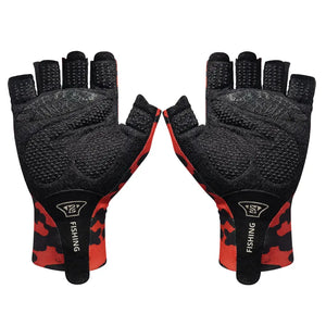 Um par da Luva de Pesca Pro Hand na cor camuflada vermelha virada sua sua palma para frente