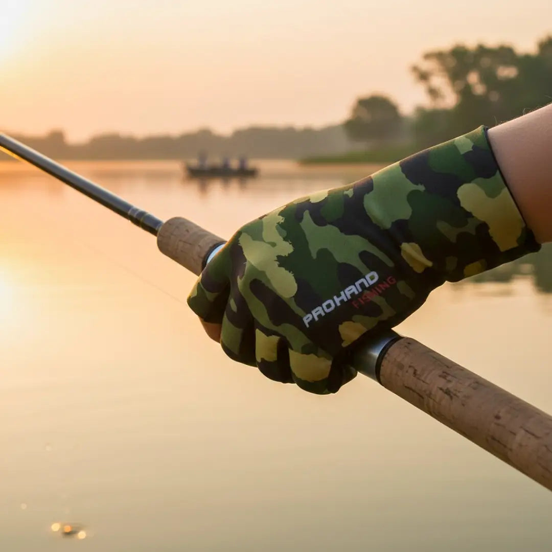 Um pescador na beira de um rio segurando uma vara de pesca e usando a Luva de Pesca Pro Hand na cor camuflada