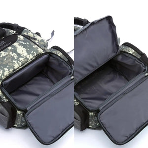 Duas imagens da Mochila de Pesca Bassdash X Camuflada, mostrando seu painel móvel no compartimento inferior principal