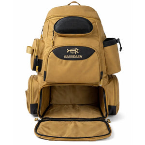 A Mochila de Pesca Bassdash X Caqui mostrada de frente, com seu compartimento inferior principal aberto