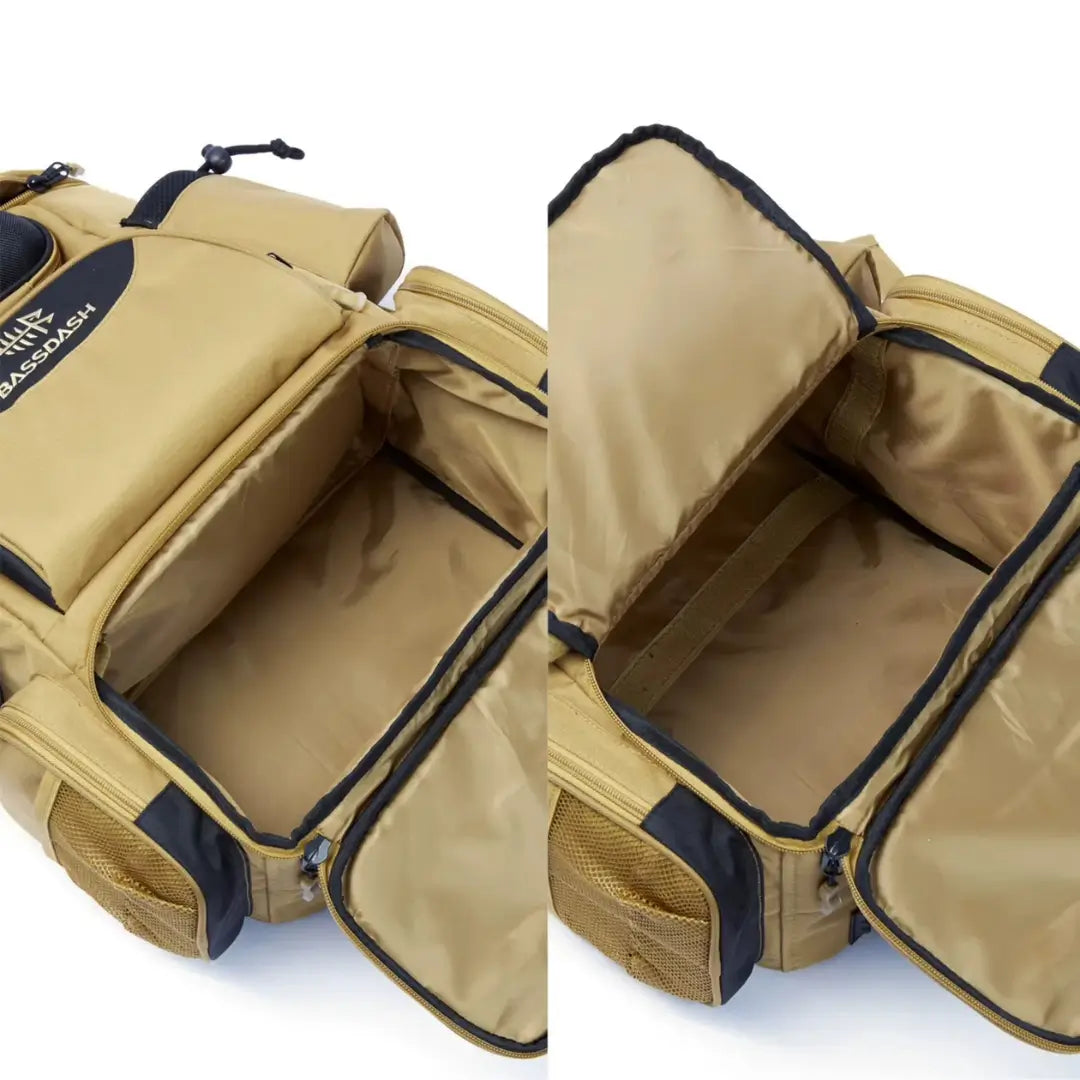 Duas imagens da Mochila de Pesca Bassdash X Caqui, mostrando seu painel móvel no compartimento inferior principal