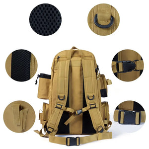 Mochila de Pesca Bassdash X Caqui no centro e ao redor imagens de seu acabamento e componentes