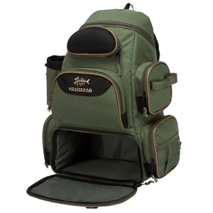 A Mochila de Pesca Bassdash X Verde virada para a diagonal direita e com seu compartimento inferior aberto, e na lateral seus dois bolsos com zíper