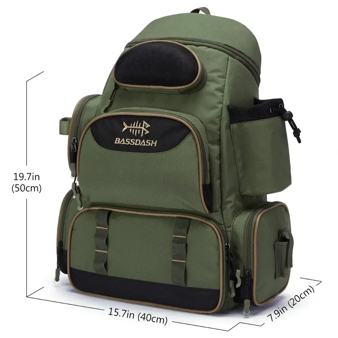 As medidas em altura, largura e profundidade da Mochila de Pesca Bassdash X Verde