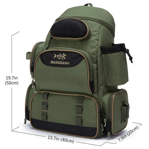 As medidas em altura, largura e profundidade da Mochila de Pesca Bassdash X Verde