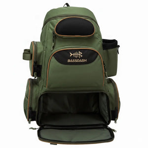 A Mochila de Pesca Bassdash X Verde mostrada de frente, com seu compartimento inferior principal aberto