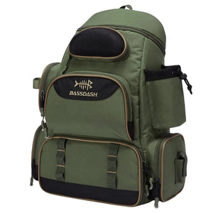 A Mochila de Pesca Bassdash X Verde vista na diagonal, com o fundo branco