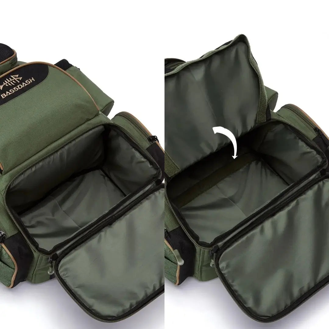 Duas imagens da Mochila de Pesca Bassdash X Verde, mostrando seu painel móvel no compartimento inferior principal