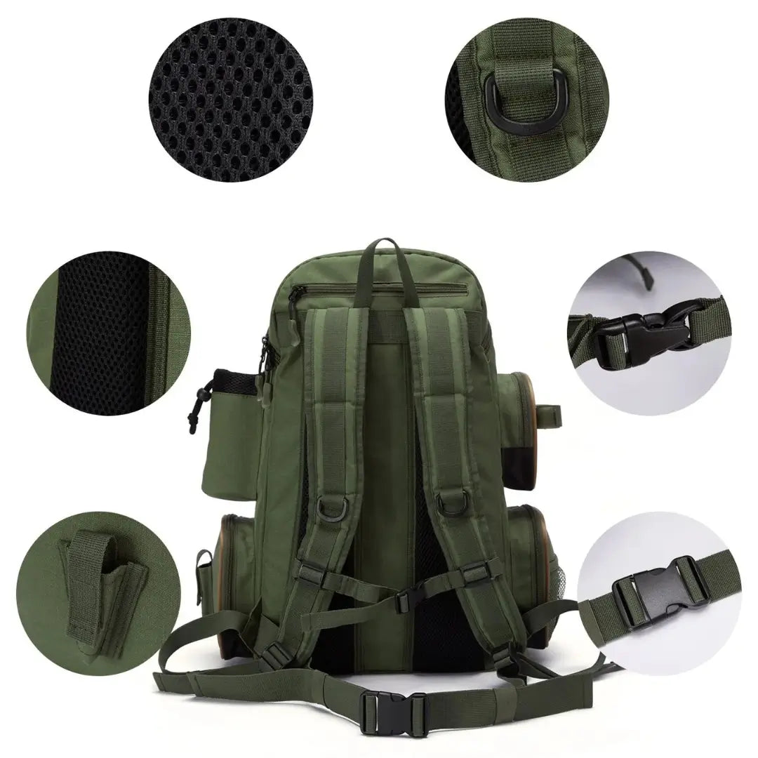 Mochila de Pesca Bassdash X Verde no centro e ao redor imagens de seu acabamento e componentes