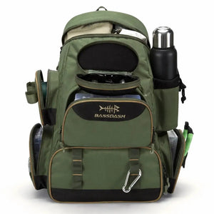 A Mochila de Pesca Bassdash X Verde vista de frente, com seu compartimentos carregados com objetos