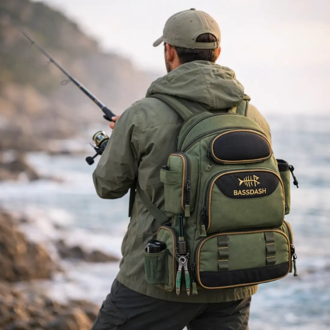 Um pescador em uma costeira de mar, com uma vara de pescar na mão e usando a Mochila de Pesca Bassdash X Verde