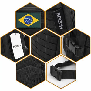 sete imagens do acabamento e da construção da Mochila de Pesca MK na cor preta