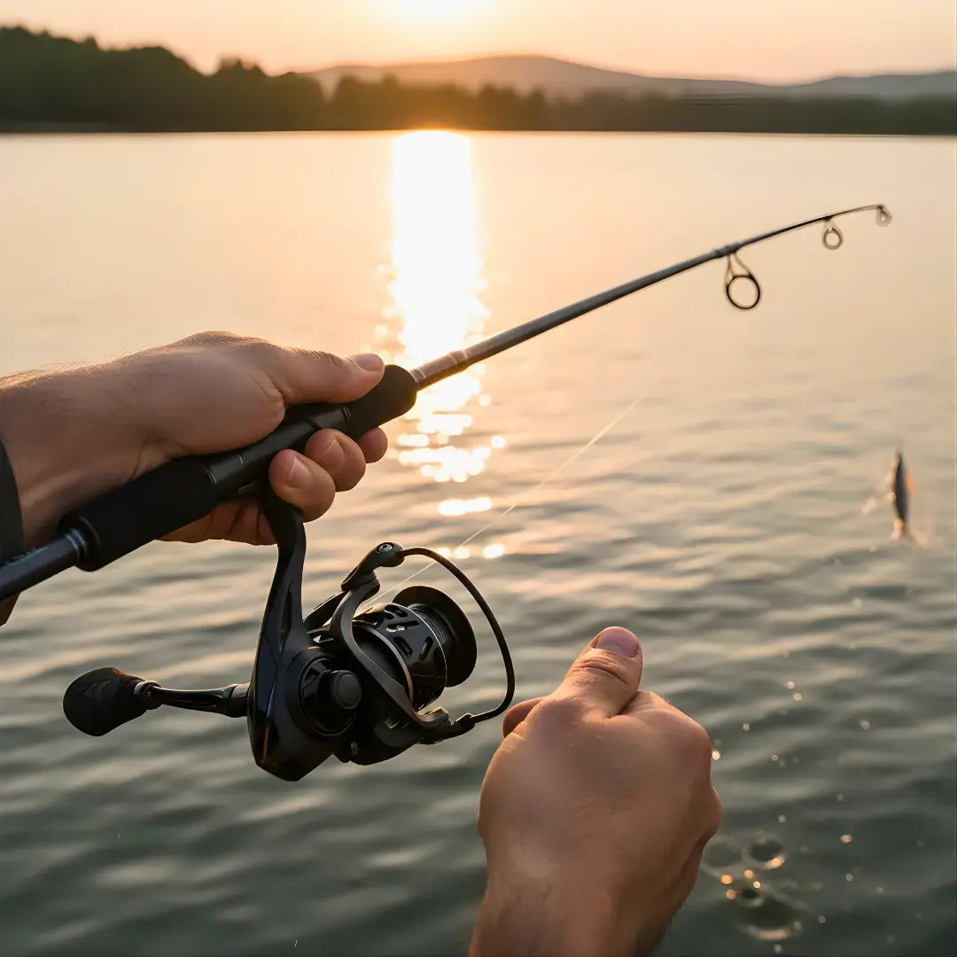 Um pescador pescando com uma vara de pesca e com o Molinete Kasting Zephyr, ao fundo tem um lago desfocado