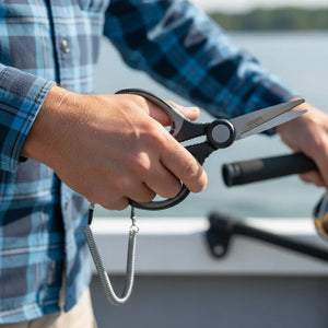 Tesoura de Pesca Booms Cut Pro Premium em foco na mão de um pescador