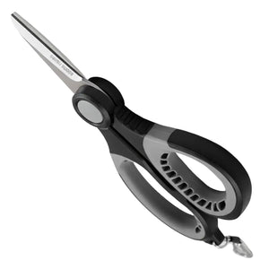 Tesoura de Pesca Booms Cut Pro com sua ponta virada para cima e para a esquerda